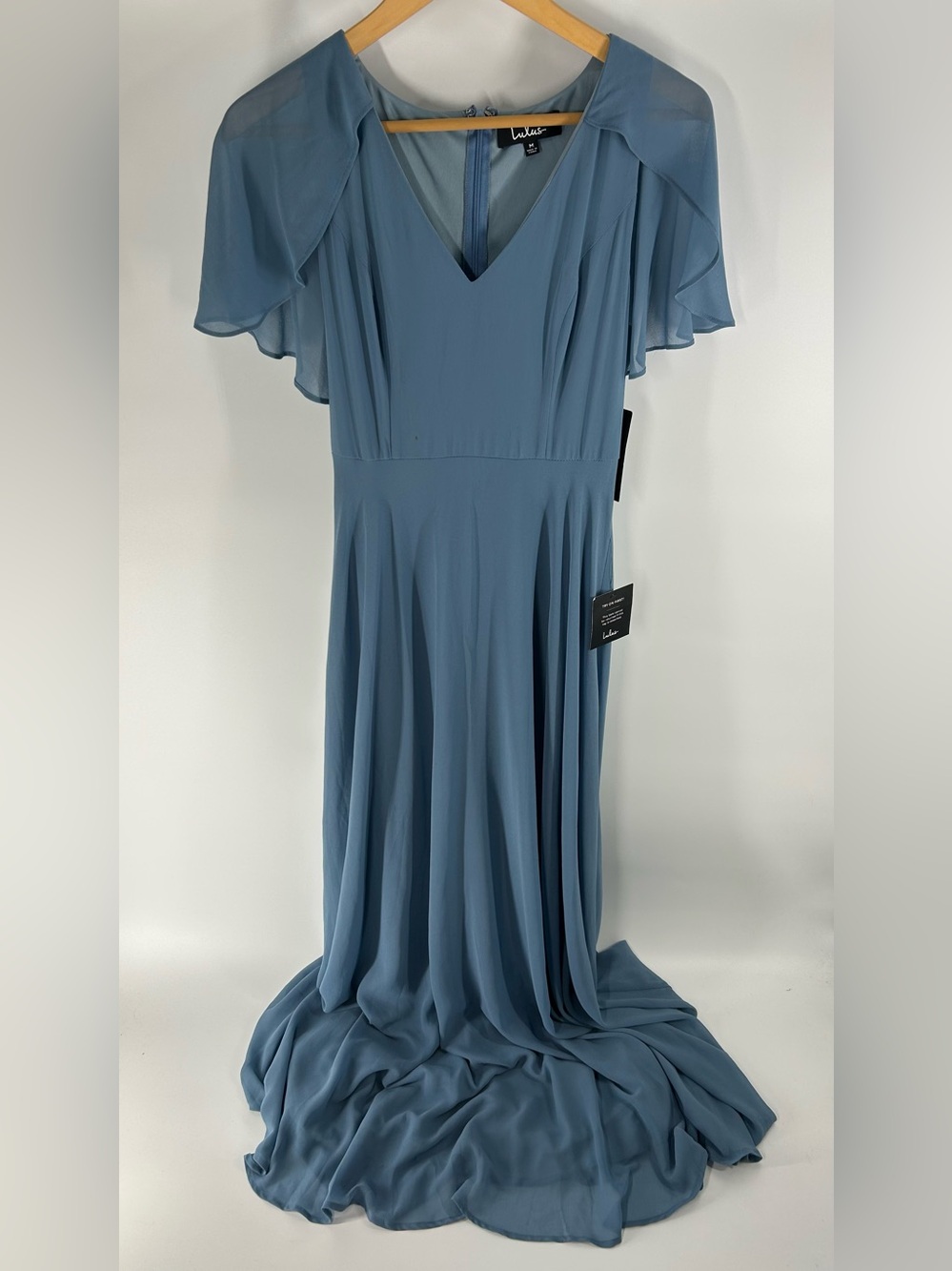 Lulu's Dusty Blue Flutter-Sleeve V-Neck Maxi Dress